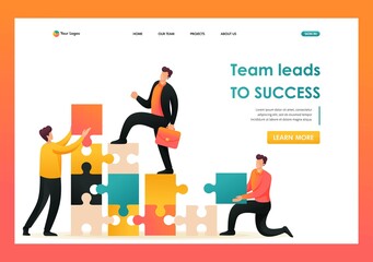 Team entrepreneurs leads to success, helping to build a ladder up. Flat 2D character. Landing page concepts and web design
