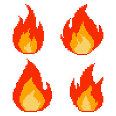 Pixel fire flames icons set. Old school computer graphic style