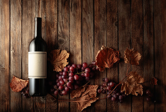 Bottle of red wine with ripe grapes and dried up vine leaves.