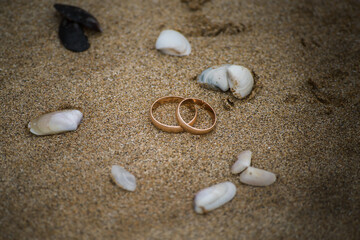 Fototapeta na wymiar wedding rings in the sand
