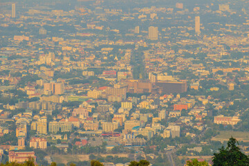 Chiang Mai city viewpoint when the smoke is bad visibility with PM2.5, the atmospheric particulate matter (PM) with a diameter of less than 2.5 micrometres. Pollution and Smog in Chiang Mai, Thailand.