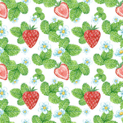 Strawberry seamless pattern made of berries and leaves, hand drawn botanical illustration isolated on white.