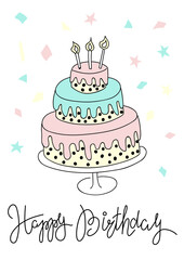 Greeting card with cake and typography Happy Birthday. Doodle, flat vector illustration in trendy pastel colors.