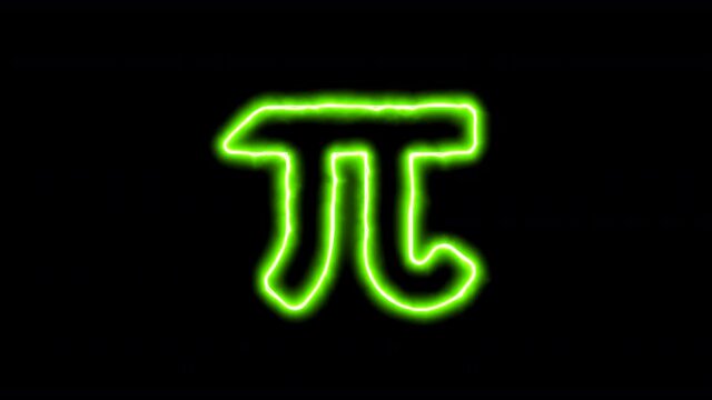 The appearance of the green neon symbol pi. Flicker, In - Out. Alpha channel Premultiplied - Matted with color black