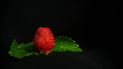 One large ripe juicy strawberry lying on green leaves, on black fabric, against a common black background.