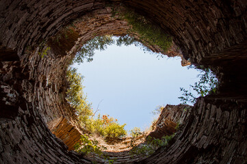 The ruined tower of the medieval fortress Koporye from the inside