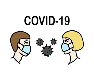 Man and woman wearing protective Medical mask for prevent Wuhan infection. Novel coronavirus 2019-nCoV. Virus symbol. Cell microbe.†Prevention of covid. Global pandemic alert. Covid-19 outbreak.