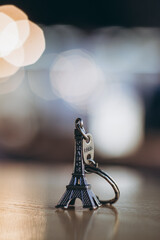 Fototapeta na wymiar keychain in the shape of the Eiffel Tower on a blurred background