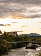 Sunset overlooking the Murinsel in Graz