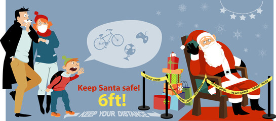 Maintaining social distancing, little boy yelling his Christmas gift wishes to Santa Claus at the mall, EPS 8 vector illustration