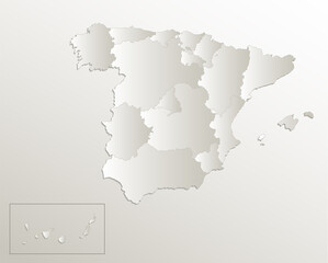 Spain map administrative division, separates regions, card paper 3D natural blank