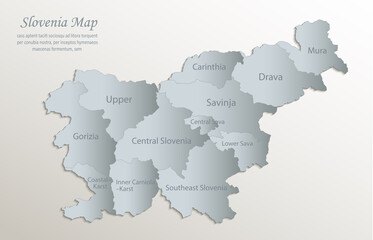 Slovenia map, administrative division with names, white blue card paper 3D vector