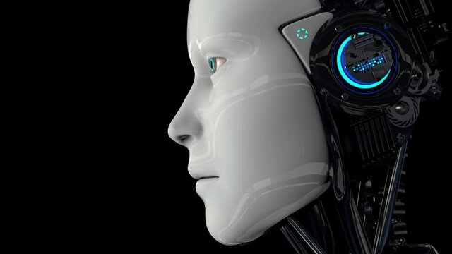 A humanoid robot on a black background turns on and raises its head. Static camera. 4K. 3D animation.
