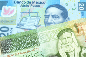 A blue twenty Mexican peso bank note with a one dinar bill from Jordan, close up in macro