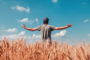 Successful wheat farmer standing in ripe cereal crop field