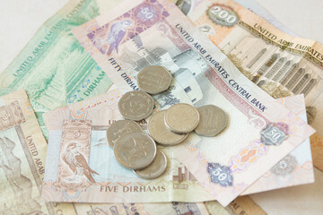United Arab Emirates money background, with banknotes and coins, full set