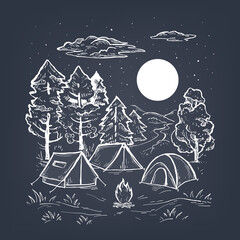 Sketch vector of a coniferous forest, tents, bonfire and moon. Engraving style. Touristic camp with tents. Night romantic hand drawn vector illustration on a black background. © GaliChe
