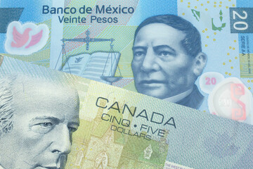 A close up macro shot of a blue five Canadian dollar bill with a twenty Mexican peso note