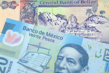 A colorful two dollar bill from Belize in close up macro with a colorful twenty peso, Mexican bank note