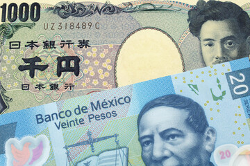 A one thousand Japanese yen bank note, close up in macro with a twenty peso bank note from Mexico