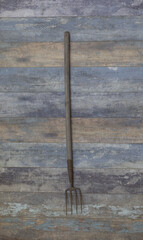 agricultural pitchfork on old wooden background