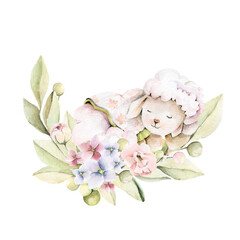 Hand drawing watercolor сhildren's illustration- cute little lamb sleeping with pink flowers, leaves. illustration isolated on white © 60seconds