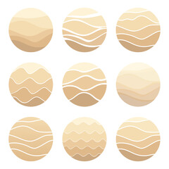 Sand, dunes, beach, desert abstract logo pattern of wavy lines in beige color. Logo template, icon, badge, pictogram for tourism, travel, hot places. Vector collection. 
