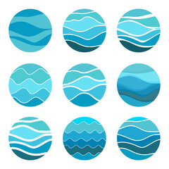 Sea waves, ocean, lake, river flow, water abstract vector pattern logo blue. Logo template, sticker, badge, icon, pictogram for tourism, voyage, cruise travel. Vector collection.