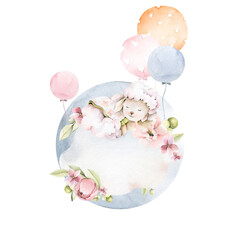 Hand drawing watercolor сhildren's illustration - cute sleeping sheep on the cloud with pink flowers of peony, leaves, balloons. illustration isolated on white