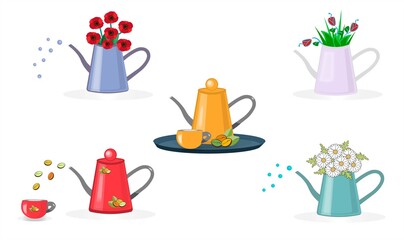 Houseware Set. 
Multi-colored watering can and teapots. 
Garden plants in watering can. 
Bright teapots and mugs. 
Vector isolated on write background.
