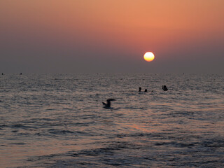 people bathing on the beach with sunset