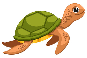 A sea turtle smiles and swims. The character