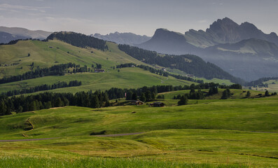 Alpe di Siusi/Seiser Alm, largest high altitude alpine meadow plateau in Europe and the Dolomites mountain ranges around, major tourist attraction, known for hiking & skiing, South Tirol, Italy.