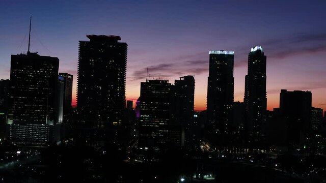 Downtown Miami Aerial Drone View Bayfront at Sunset 
