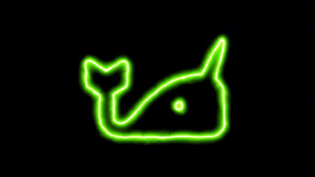 The appearance of the green neon symbol narwhal. Flicker, In - Out. Alpha channel Premultiplied - Matted with color black