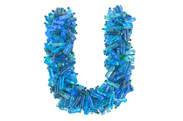Letter U from plastic water bottles, 3D rendering