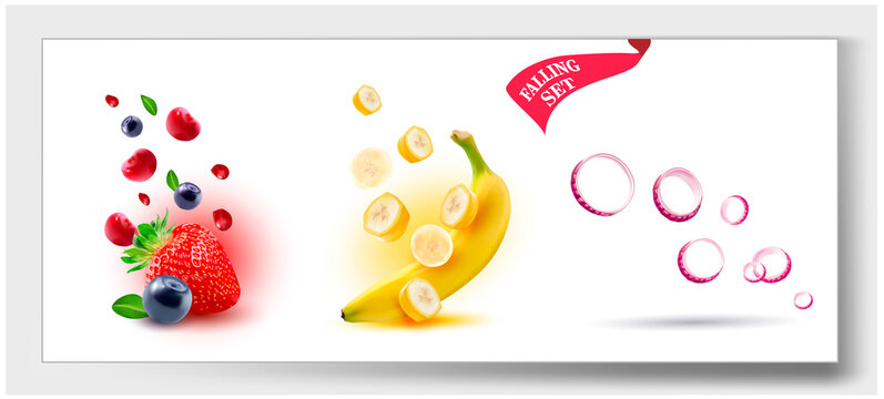 3d. Set of falling fruits, vegetables and berries. Falling pieces, slices. Strawberry. Banana. Onion. Vector image.