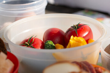 Breakfast in nature with cucumbers, tomatoes,bell peppers