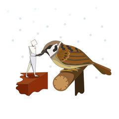 Sparrow and Little Origami Man with snowflakes on white isolated background, vector illustration for prints, logos, strikers, also it is good for elements of decor, websites, concept of Friendship.