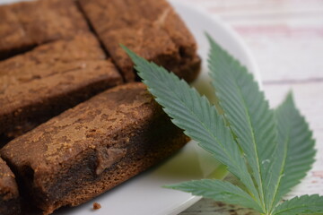 Brownies and cannabis leaf.