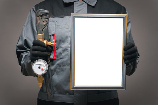 Best plumber award template. Plumber with blank diploma certificate and work tools in hands close up.