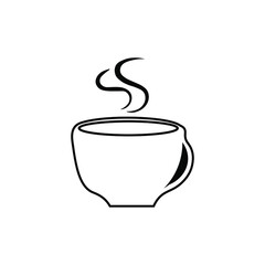 The mug icon is black and white. Cup sign with steam. Symbol of coffee shop and teahouse. Flat vector graphics.