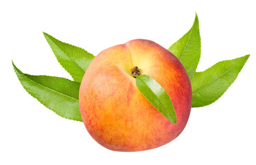peach fruit with green leaf isolated on white background
