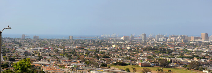 Panoramic Pacific Ocean view of Long Beach from the top of Signal Hill Park.