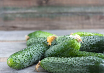 Crop of cucumbers on a wooden background