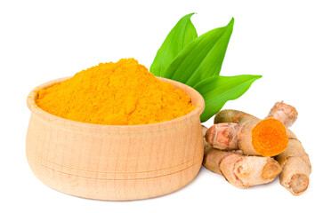 Turmeric powder with turmeric root isolated on white background