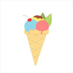 Illustration of colorful ice cream cone with cherry. Vector illustration. Isolated on white background. Ice cream balls with chocolate frosting. Cartoon and flat style. For web,design,graphic,postcard