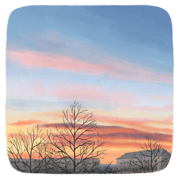 Hand drawn colorful landscape of evening city. Digital painting of beautiful sunset nature. Artistic background in oil painting style for card, print, poster, picture, panno, illustration, wallpapers.