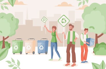 People in urban park recycling waste vector flat illustration. Man and woman hold placards with recycle sign. Separate waste, protect nature, garbage collection, sorting, and recycling concept.