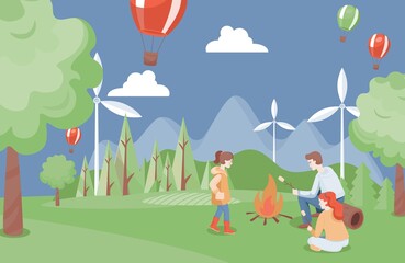 Happy family spending time together at summer picnic in the forest vector flat illustration. Family weekend, people cooking marshmallow on fire. Summer holidays, camping, spending time on nature.
